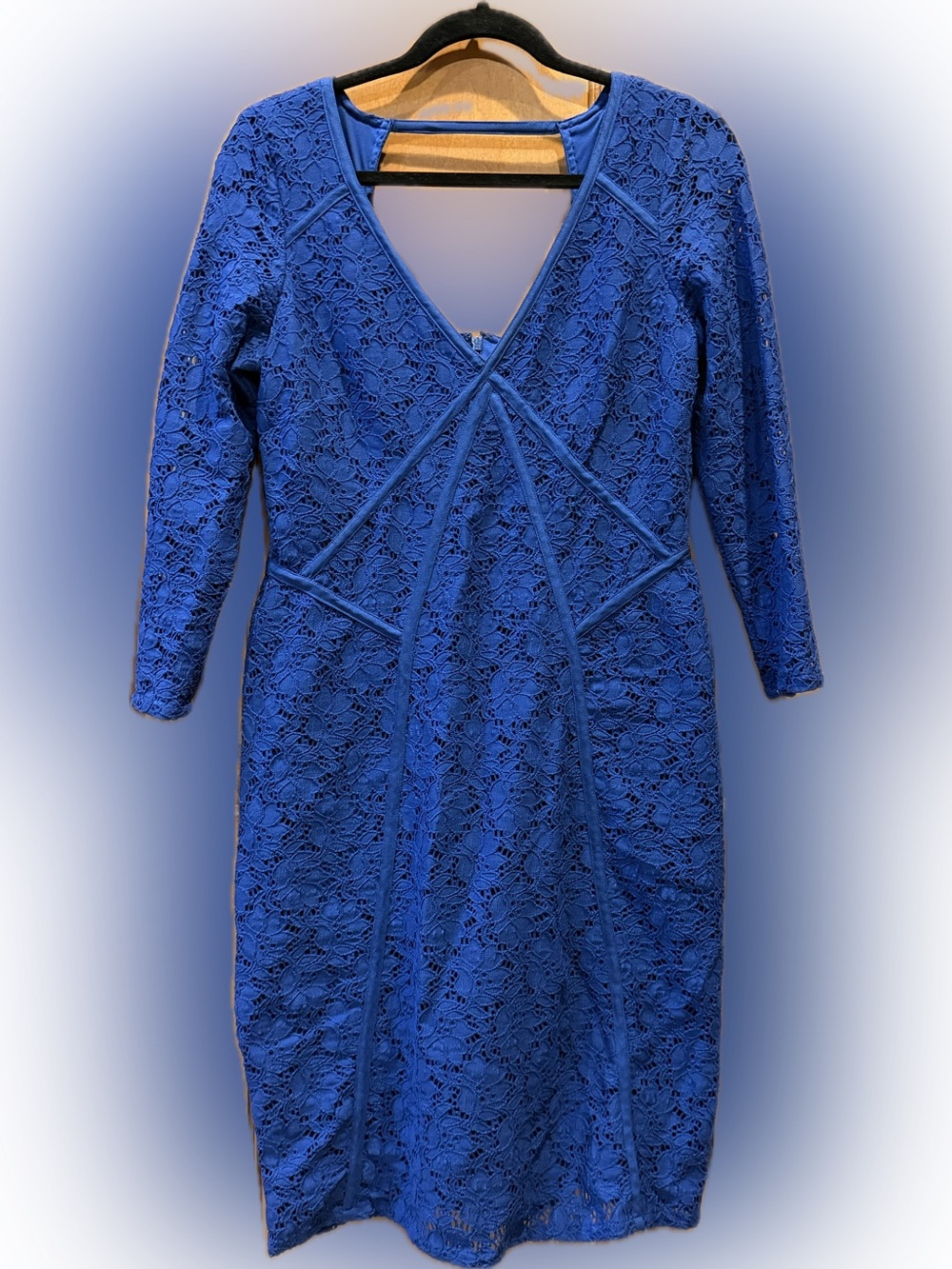 Adrianna Papell Royal Blue Lace Sheath Dress Open Back 3/4 Sleeve, Size 10